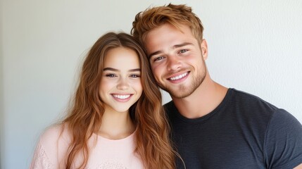 A young couple smiling and leaning close together, indoor portrait with soft lighting, casual attire, cheerful expressions, and close-up composition.