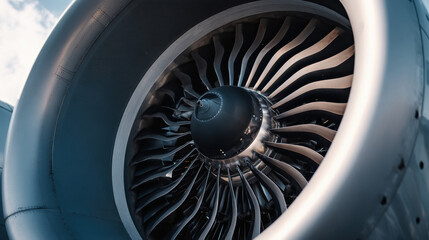 Close up view of an airplane turbine, jet engine rotating