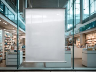 A  stunning image of blank white banner hangs on pharmacy store window. Store interior is visible through the glass. Possible advertisement or promotion. Location.