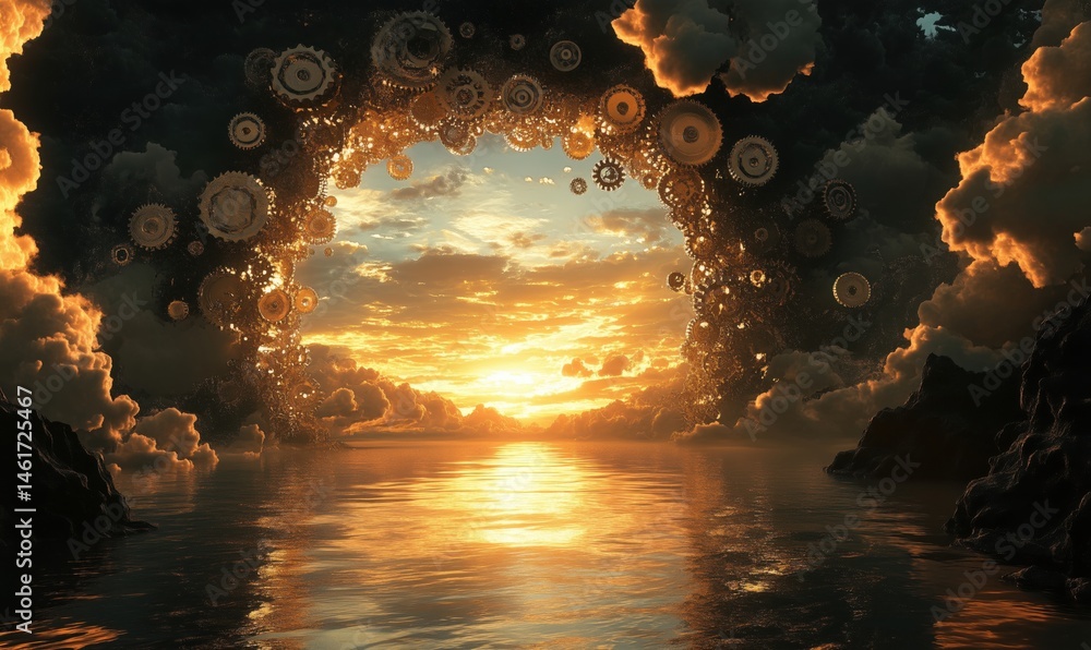 Poster surreal sunset with gears and clouds creating a mystical portal over calm waters