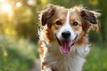Fototapeta premium Close-up of a joyful dog with its tongue out, running fast through a lush, sunlit forest or meadow, with motion blur showing speed.