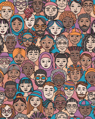 Seamless Hand-Drawn Vector Pattern of Diverse Doodle Faces