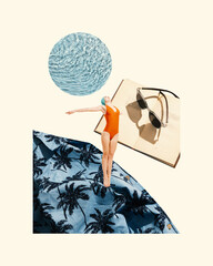 Conceptual collage. Swimmer in orange suit diving from tropical shirt toward pool circle and open book with sunglasses. Concept of vacation, leisure, sunny days, inspiration, fashion, calm mood.