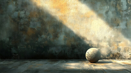 Muted light illuminates a weathered stone sphere.