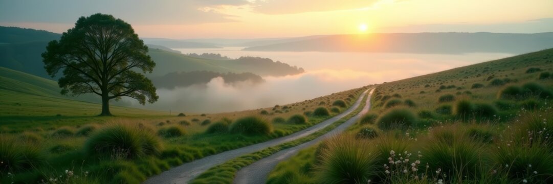 Misty morning in the Chiltern Hills with winding paths, rural, countryside