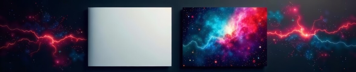 Modern and sleek design of two white flyers against a dramatic black background, flyers, minimalist