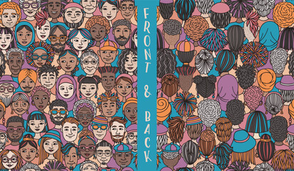 Seamless Hand Drawn Vector Pattern of Diverse Doodle Faces – Front and Back View Illustration