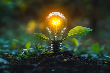 Illuminated lightbulb rising from soil amongst lush greenery.