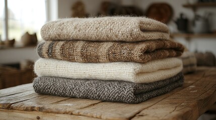 Stacked knitted throws in natural tones