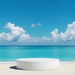 Elegant White Podium by the Tranquil Ocean View. A pristine white round podium stands gracefully against a breathtaking backdrop of the serene ocean meeting a vibrant sky with soft clouds.