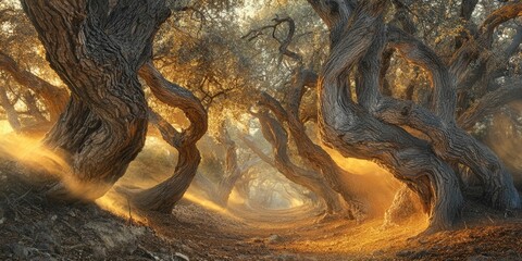 Golden mist swirls gently between gnarled tree trunks in a forest scene that feels timeless and still.