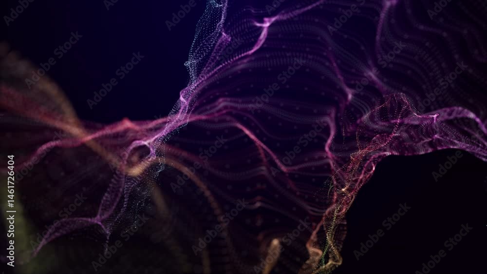 Poster futuristic video animation with particle wave object in slow motion, 4096x2304 loop 4k