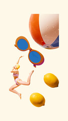 Conceptual composition. Woman in pink bikini jumping between lemons, beach ball, and orange...