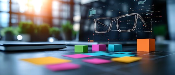 Modern workplace with eyeglasses and data visualization
