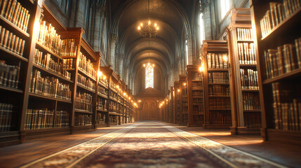 Naklejka premium Dreamy library interior with soft focus bookshelves stretching into infinity warm ambient lighting scholarly atmosphere timeless knowledge