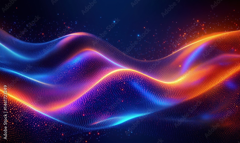 Poster colorful abstract wave patterns with glowing particles in dark background
