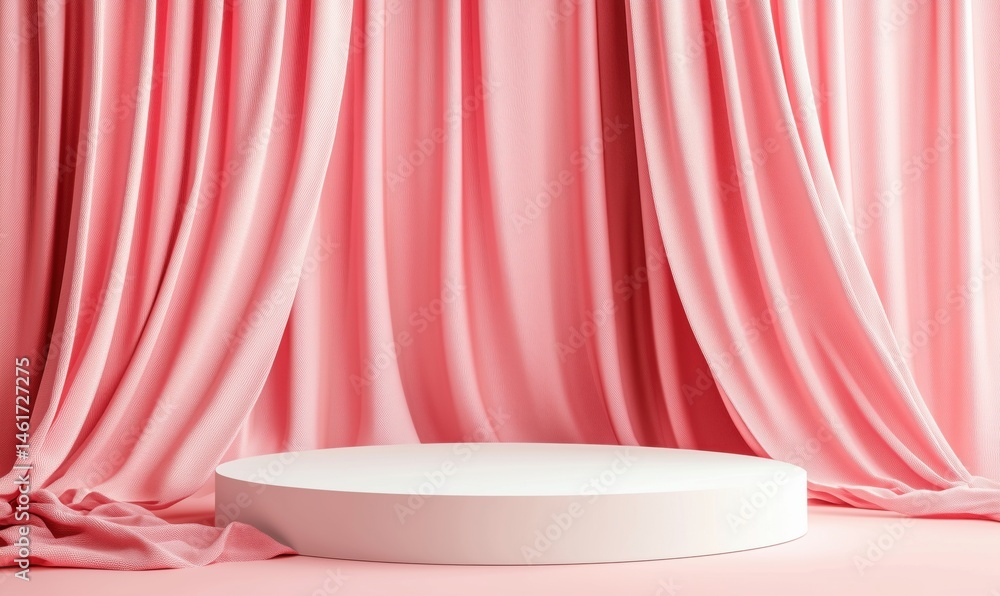 Poster pink draped background with circular display platform for product showcases