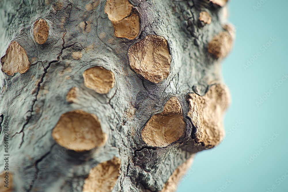 Poster close-up view of textured tree bark with mottled surface.
