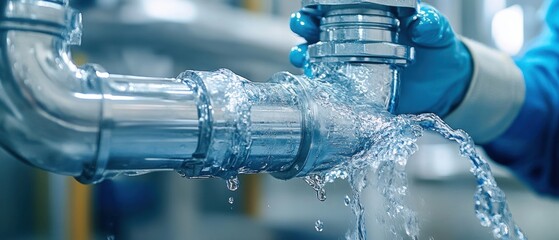 Close up of plumber repairing leaking pipe with gloved hand in industrial setting; water spraying from metal plumbing fixture