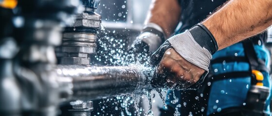 Close Up of Industrial Worker Repairing Pipe with Water Spraying in Factory Setting Low Angle
