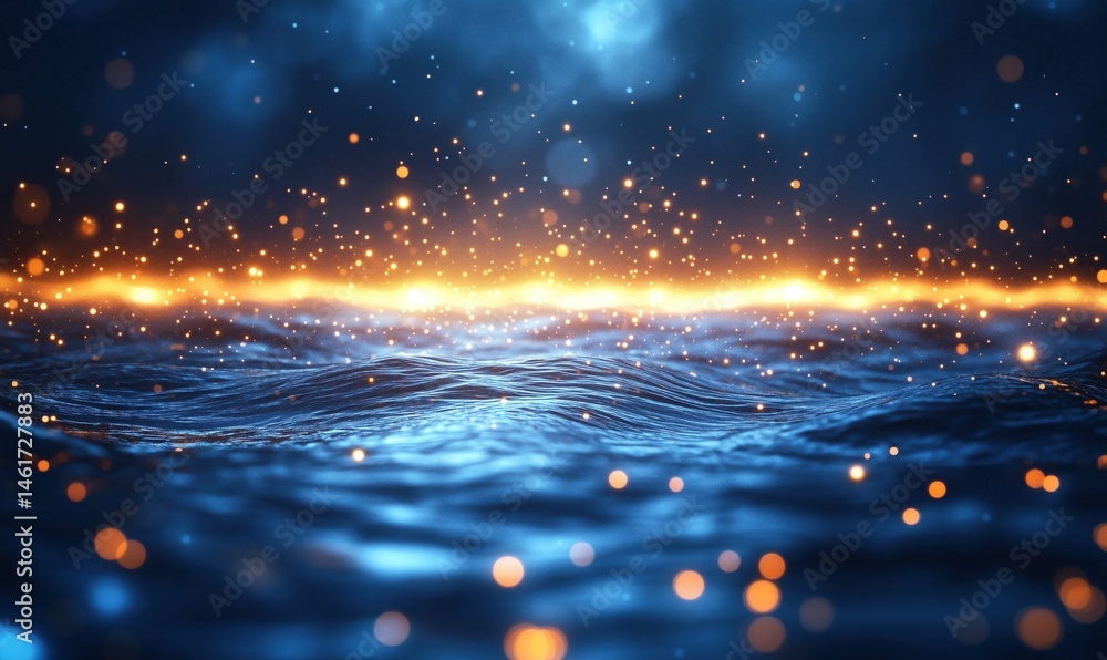 Poster mesmerizing ocean waves illuminated by sparkling lights and ethereal glow