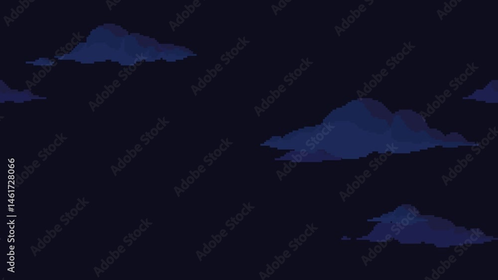 Poster pixel art clouds floating horizontally on night sky background. seamless looping animation. animated