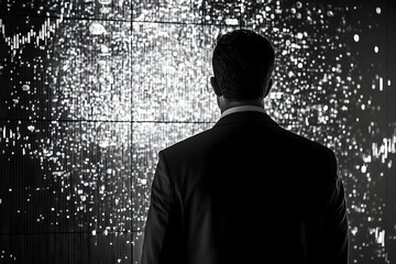 Businessperson contemplates abstract data display.
