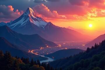 Mountain landscape blended with city skyline at sunset, skyline, mountains, sunset