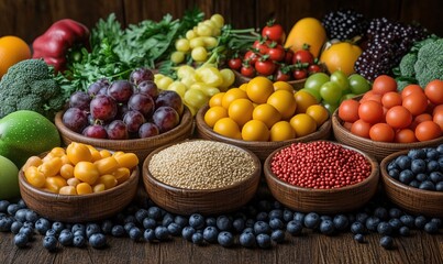 Colorful assortment of fresh fruits and vegetables in wooden bowls on rustic table