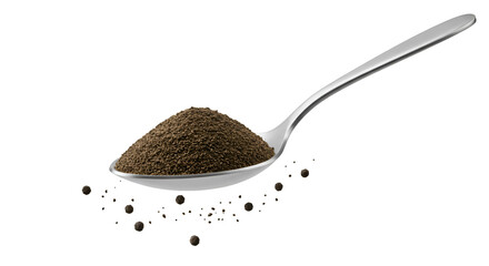 Spoon with black pepper powder, floating above white surface, PNG