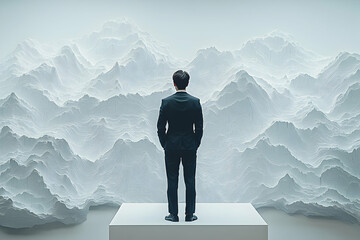 Businessperson contemplating a vast snowy mountain range.