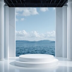 Elegant White Podium by the Tranquil Ocean View. A pristine white round podium stands gracefully against a breathtaking backdrop of the serene ocean meeting a vibrant sky with soft clouds.