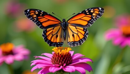 Vibrant Monarch Butterfly With Orange And Black Wings Resting On Pink Flower In A Lush Garden