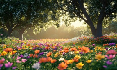 Obraz premium Vibrant flower field under sunlight with trees creating a serene natural landscape