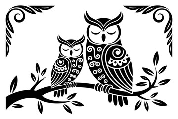 Ornamental Owl Pair on Branch – Black and White Vector Illustration

