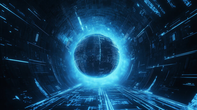 A digital globe symbolizes global data flow, featuring numeric elements and graphics. Surrounded by circular lines, it floats in a blue-black abstract space with futuristic energy.