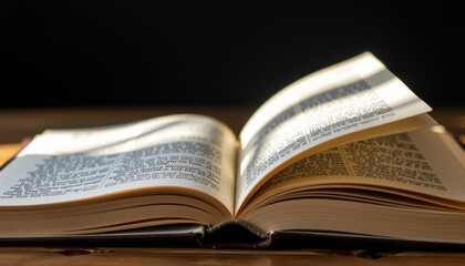 Obraz premium Open Book Revealing Text with Soft Light and Shadows on a Wooden Table Surface