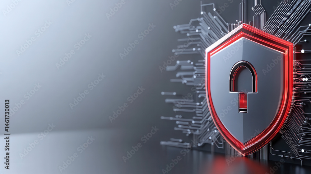 Aufkleber cybersecurity digital protection shield on network circuit board cybersecurity digital security lock
