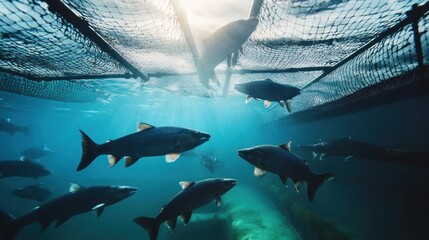 Underwater view of salmon swimming beneath a fish farm net.