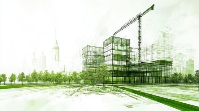 Green architectural rendering of modern building under construction in city.
