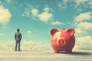 Large piggy bank and a man looking upwards.