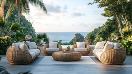 Fototapeta premium Elegant outdoor furniture set rattan and straw textures neutral tones with pops of tropical accent colors arranged to suggest luxurious resort or highend patio setting