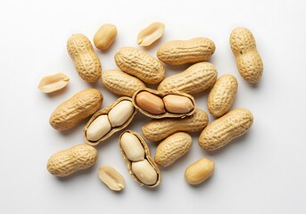 A scattered arrangement of peanuts in shells and shelled peanuts on a white background surface