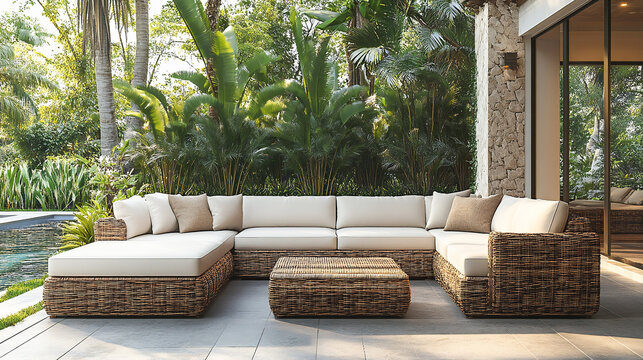 Elegant outdoor furniture set rattan and straw textures neutral tones with pops of tropical accent colors arranged to suggest luxurious resort or highend patio setting