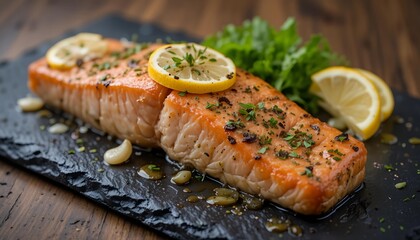 Baked salmon fillet with herbs, garlic, and lemon slices on rustic black slate