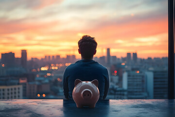 A man contemplates the cityscape at sunset with a piggy bank.