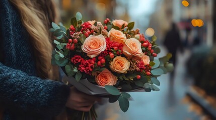 Close-up of a hand holding a lovely bouquet of peach roses with red berries and greenery.