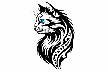 Obraz premium Tribal Cat Silhouette with Blue Eye – Artistic Feline Design in Black and White