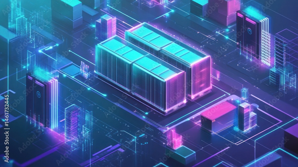 Poster futuristic data center with glowing shipping containers, representing digital infrastructure and clo