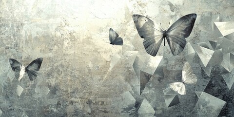 Irregular silver polygons with metallic butterflies overlay, all on a vintage film-grain background